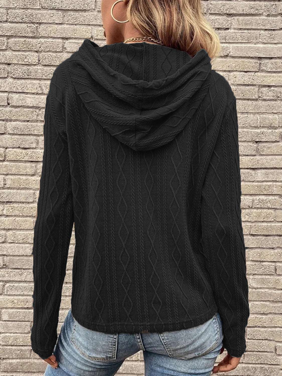 Cable-Knit Drawstring Hooded Knit Top