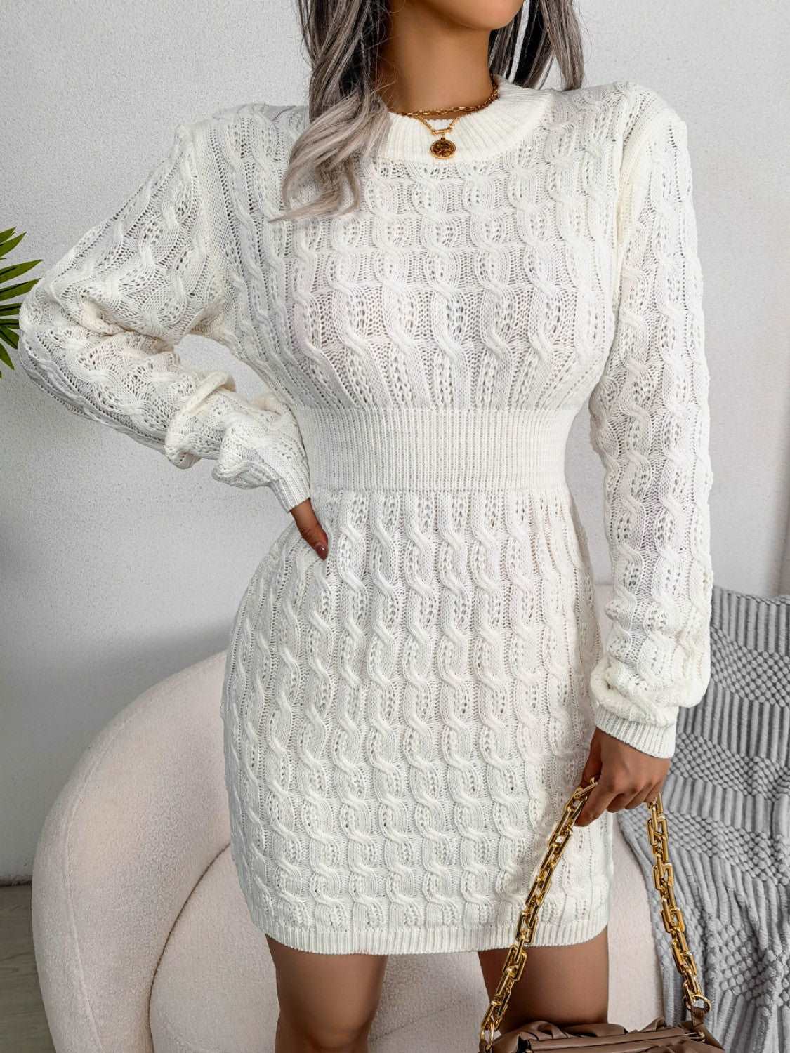 Cable-Knit Round Neck Mini Wrap Sweater Dress