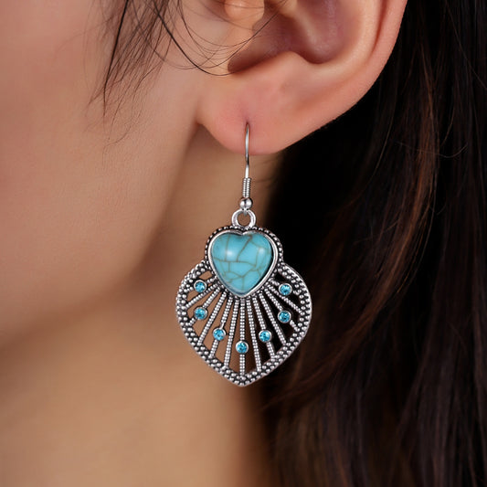 Turquoise Rhinestone Heart and Leaf Shape Earrings