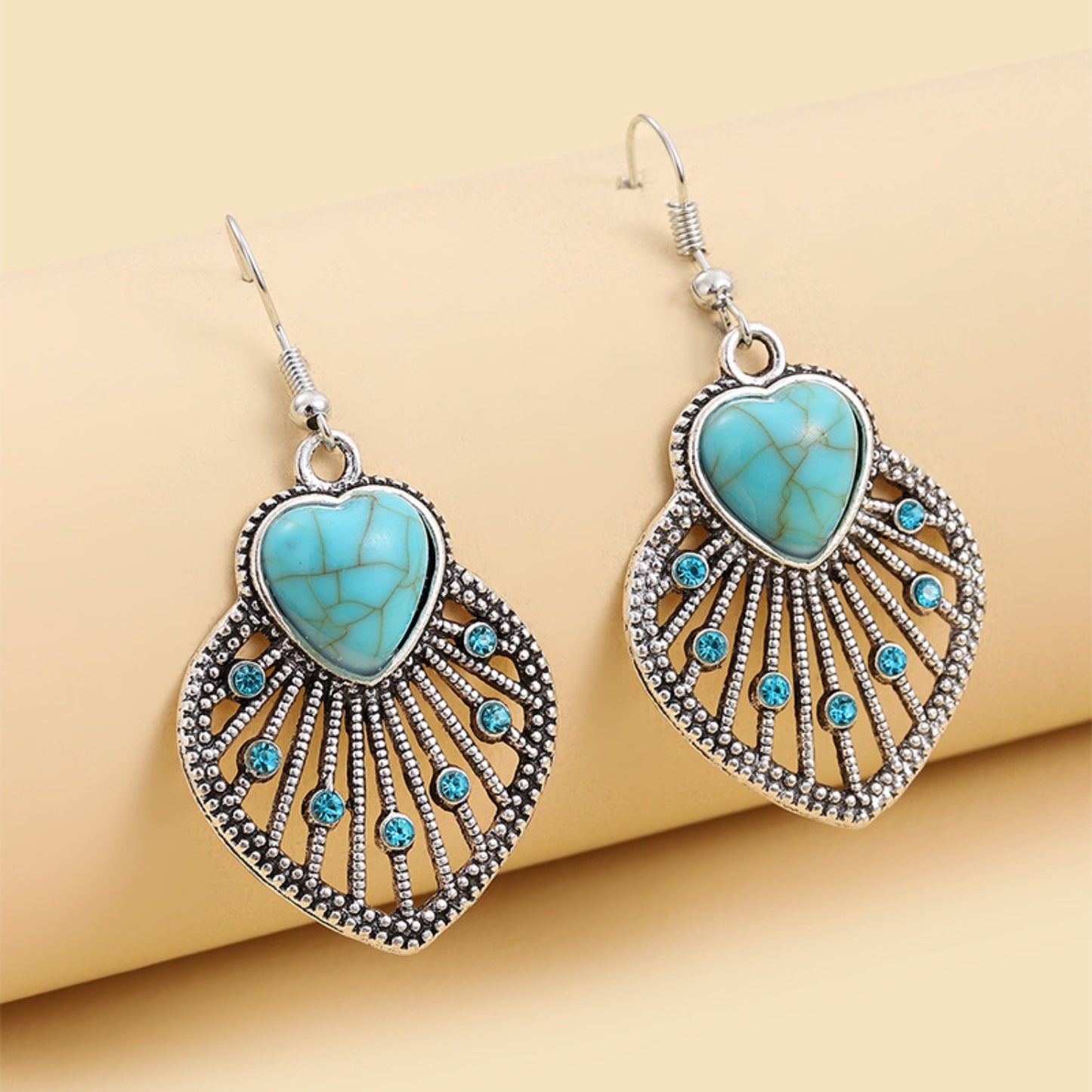 Turquoise Rhinestone Heart and Leaf Shape Earrings