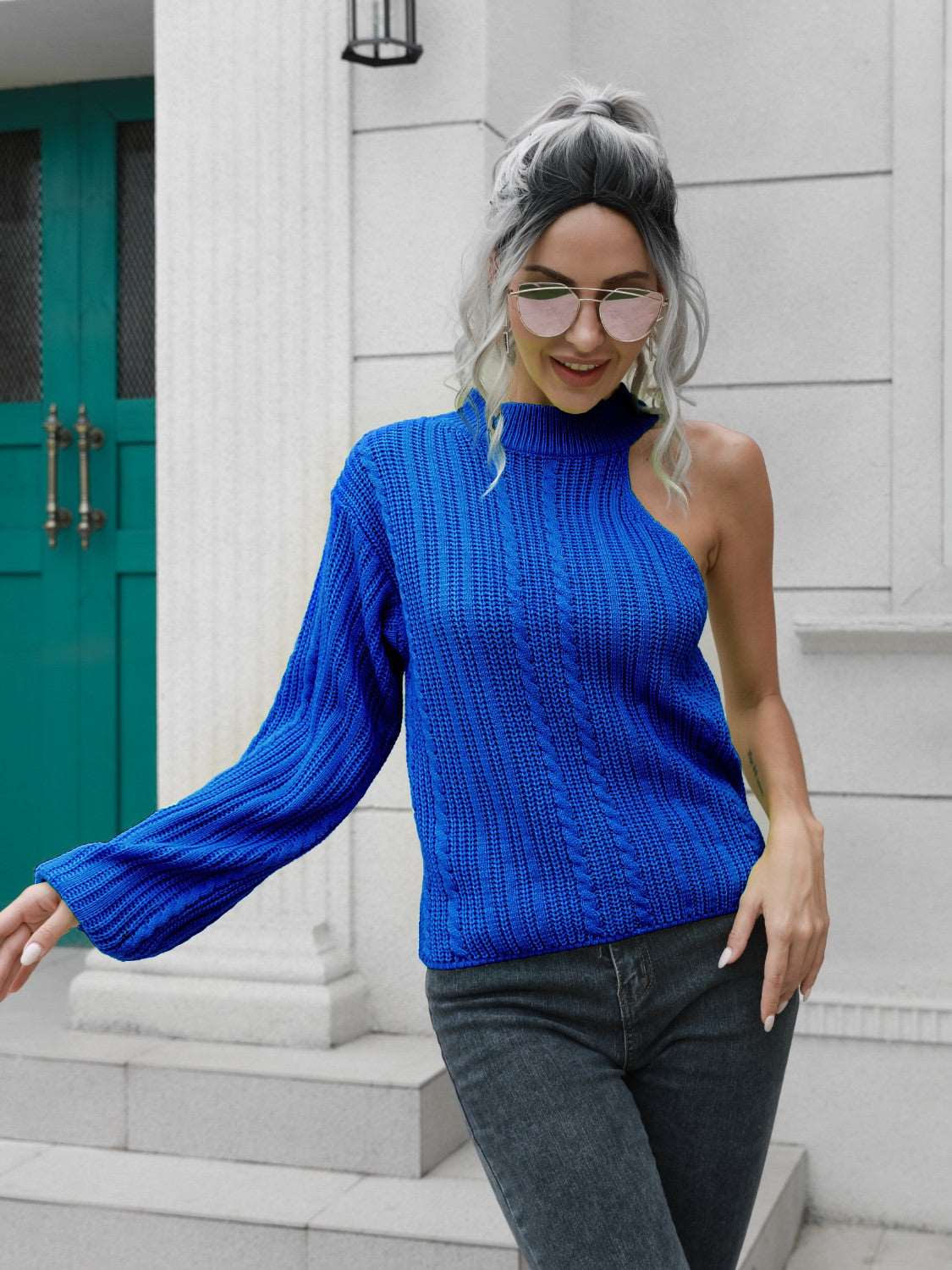 Cable-Knit Round Neck Asymmetrical Sweater