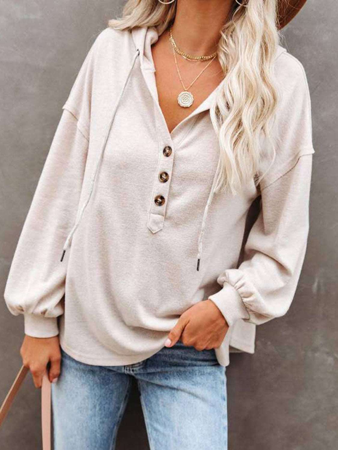 Buttoned Drop Shoulder Hoodie