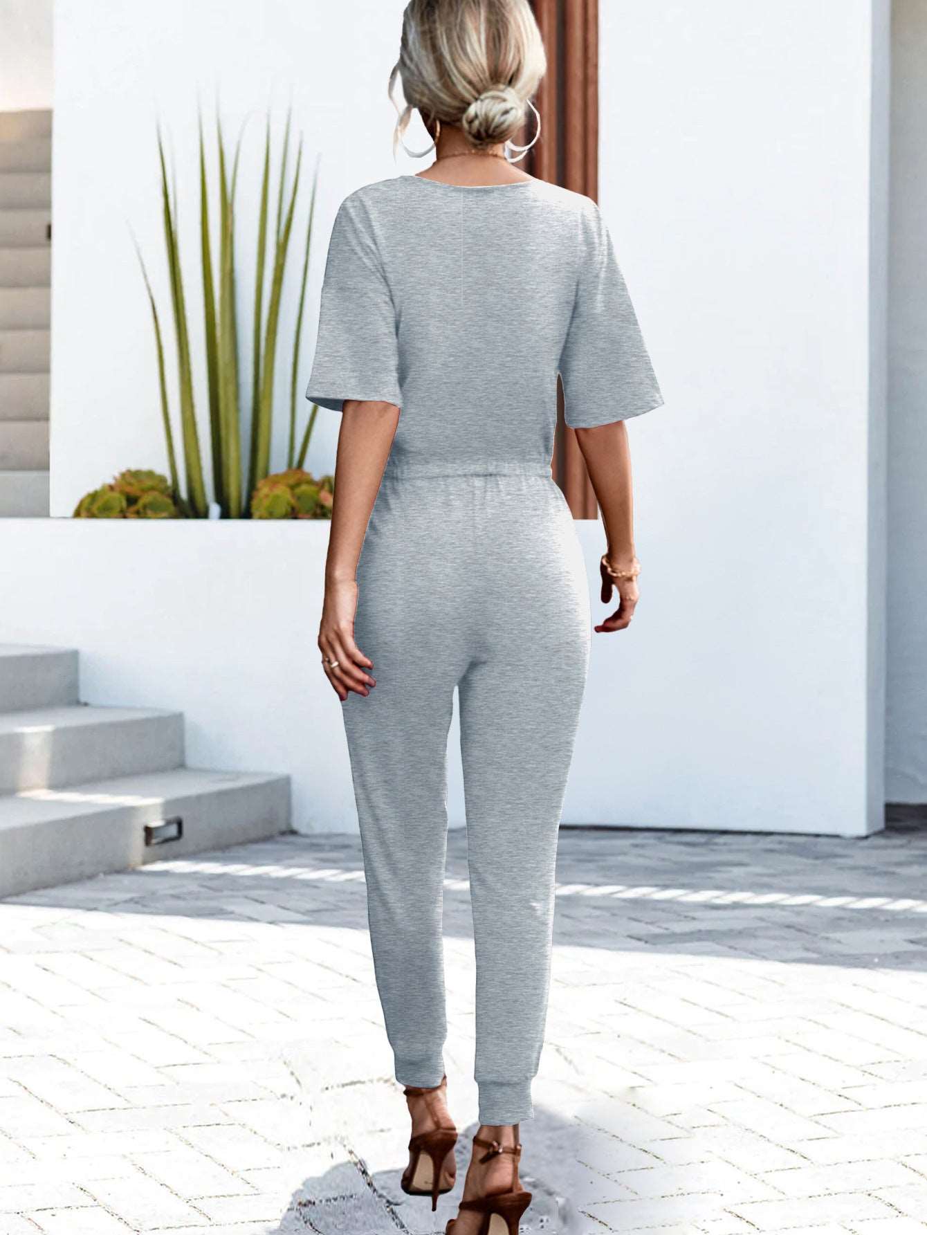 Buttoned Half Sleeve Round Neck Jumpsuit