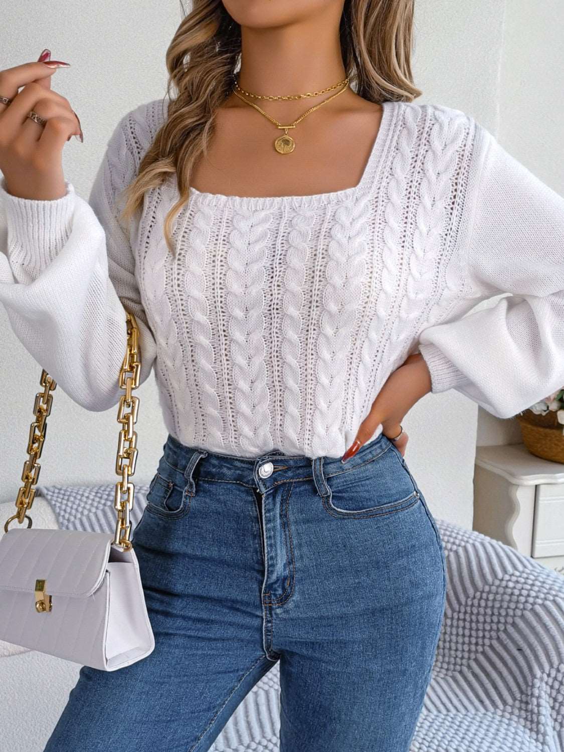 Cable-Knit Square Neck Long Sleeve Sweater