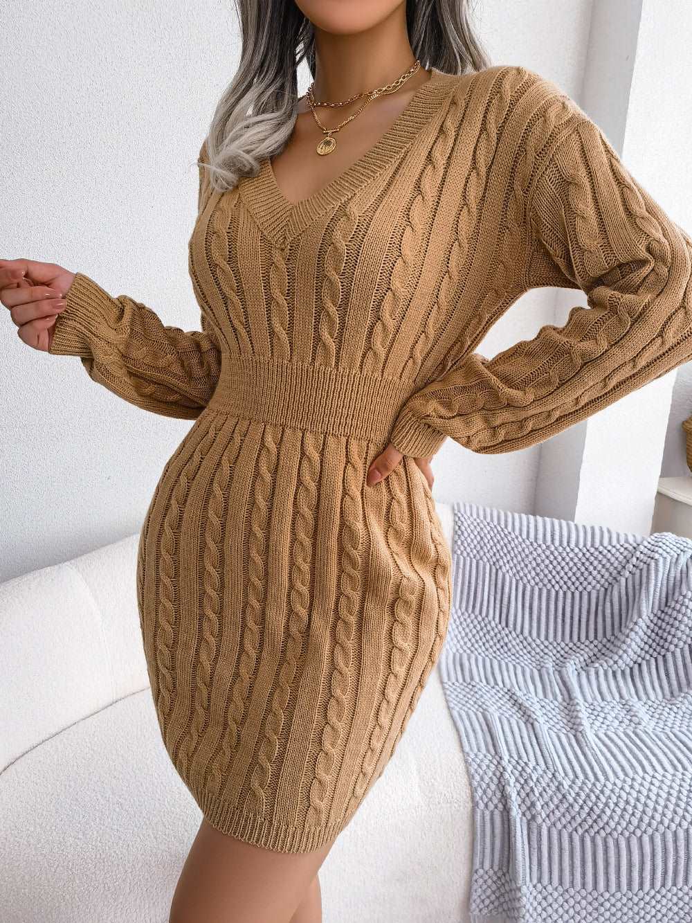 Cable-Knit V-Neck Mini Sweater Dress