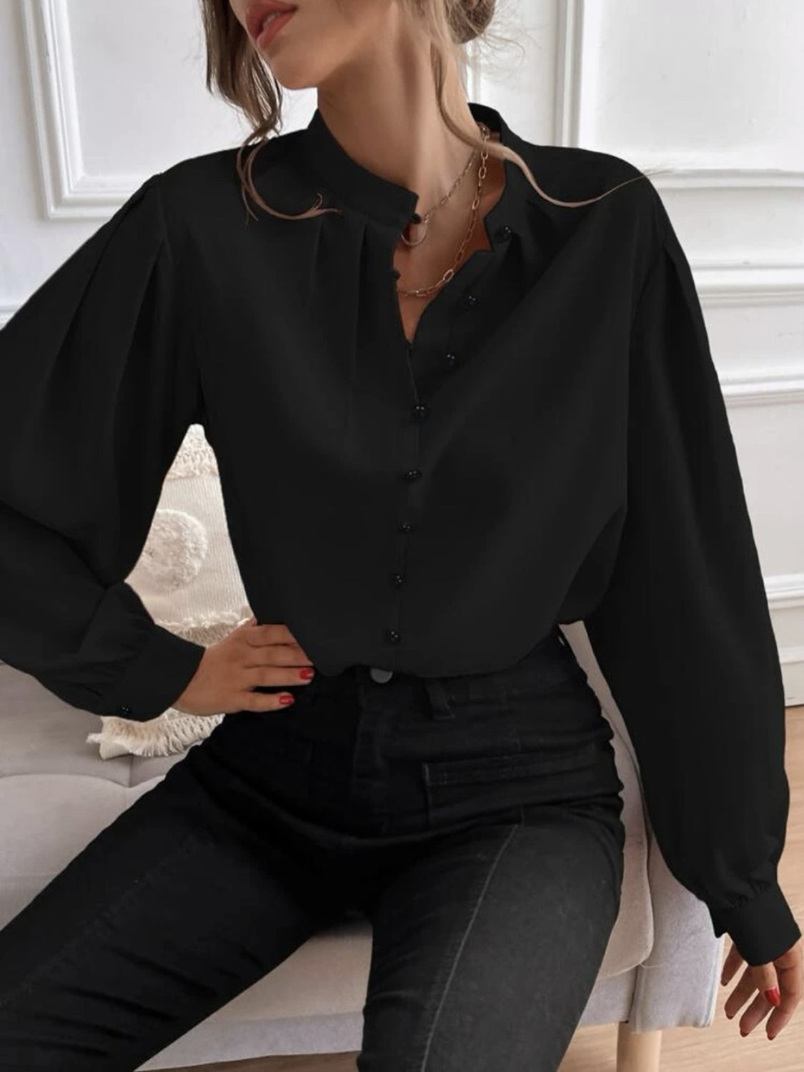 Mock Neck Button Front Shirt