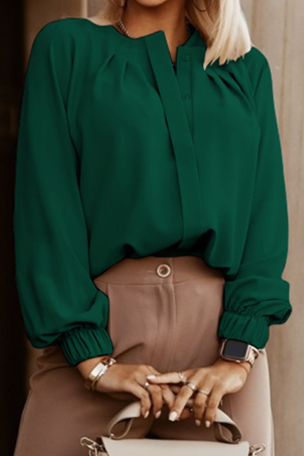 Button Up Round Neck Long Sleeve Blouse