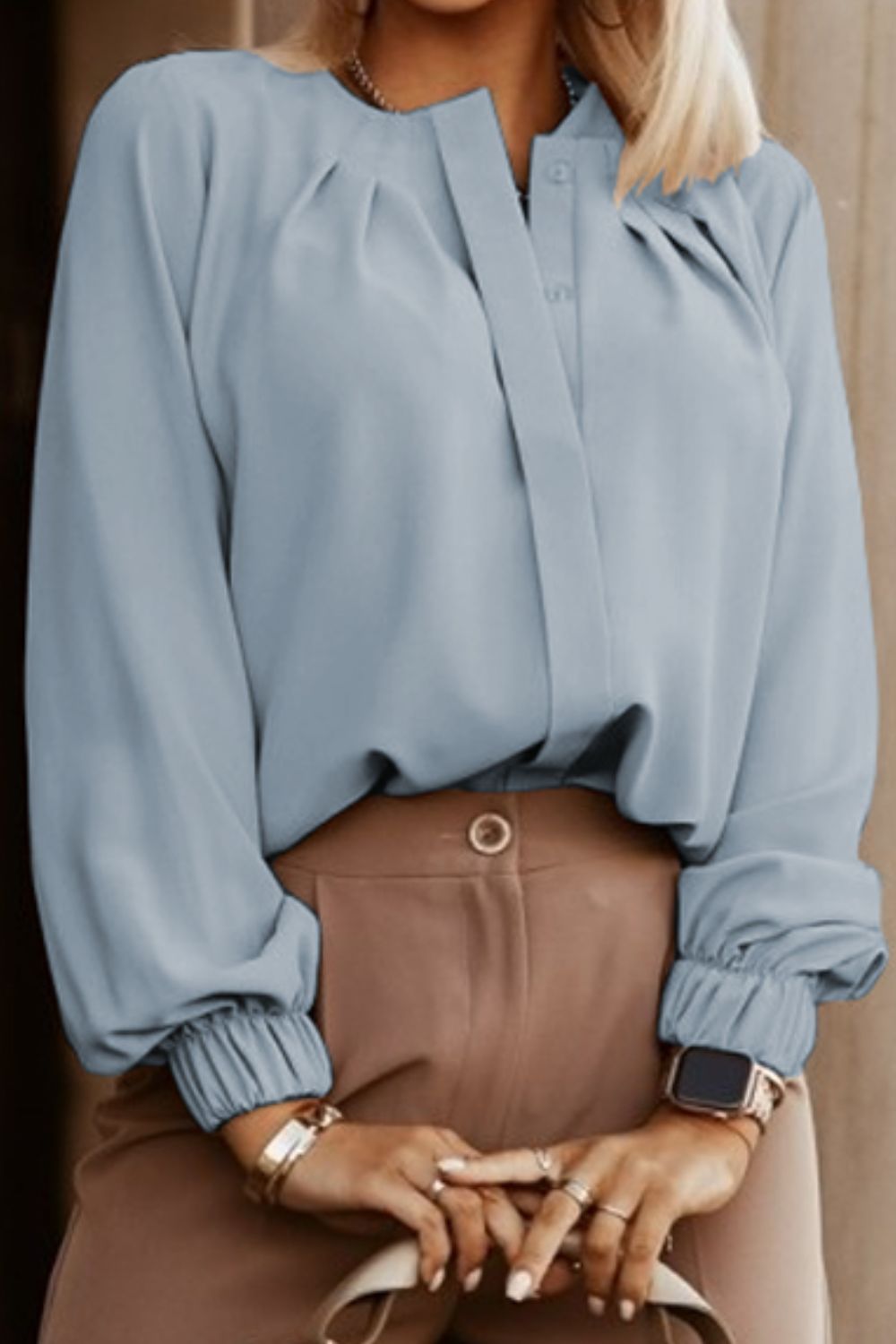 Button Up Round Neck Long Sleeve Blouse