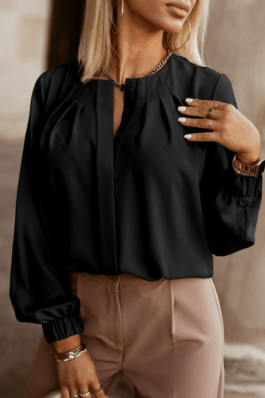 Button Up Round Neck Long Sleeve Blouse