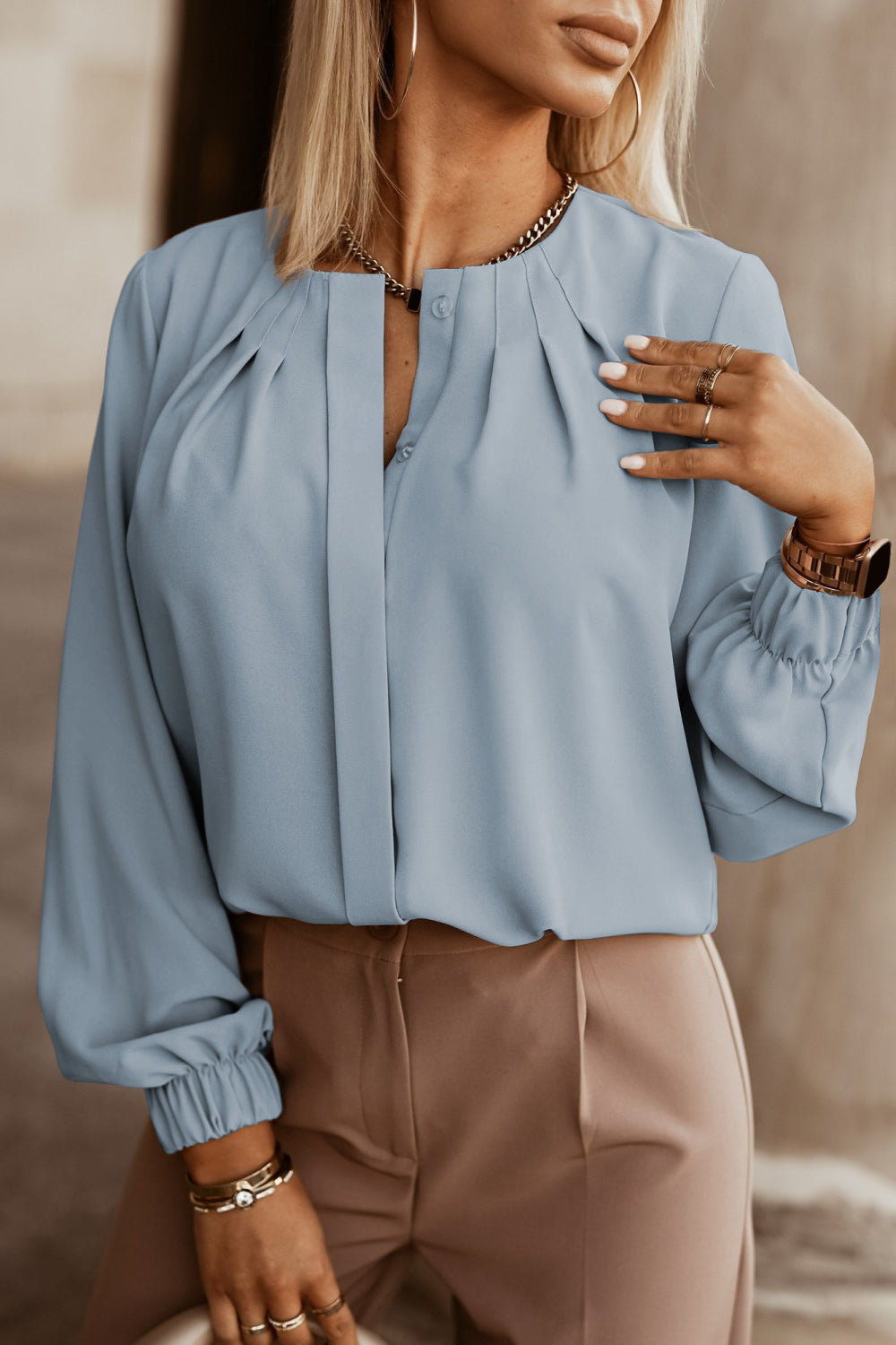 Button Up Round Neck Long Sleeve Blouse