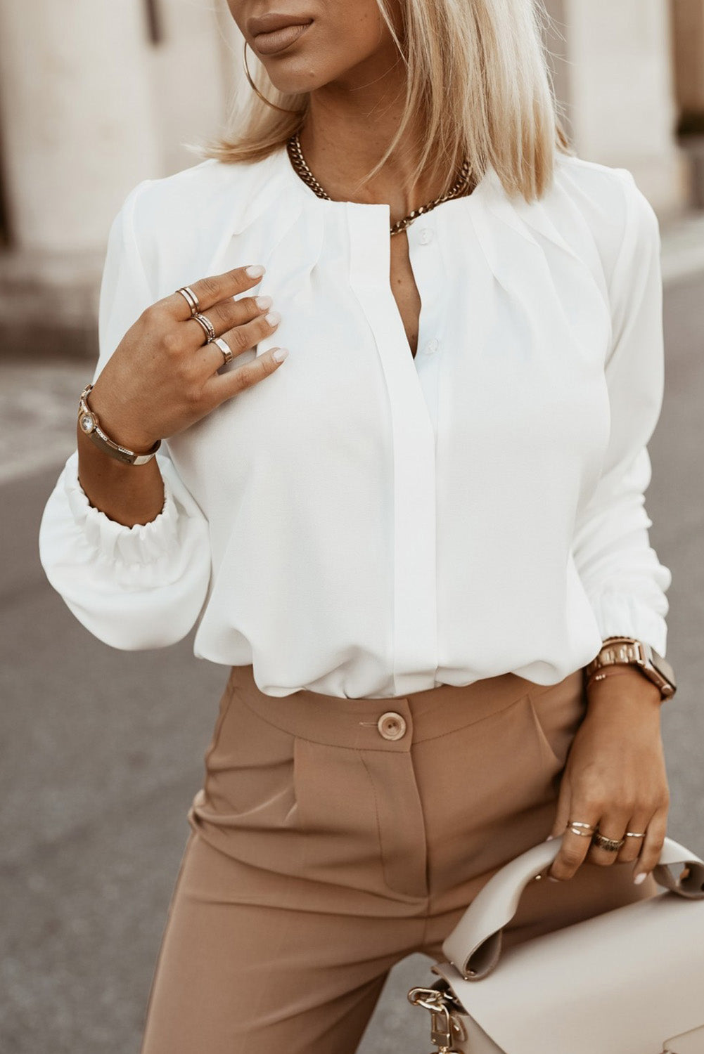 Button Up Round Neck Long Sleeve Blouse