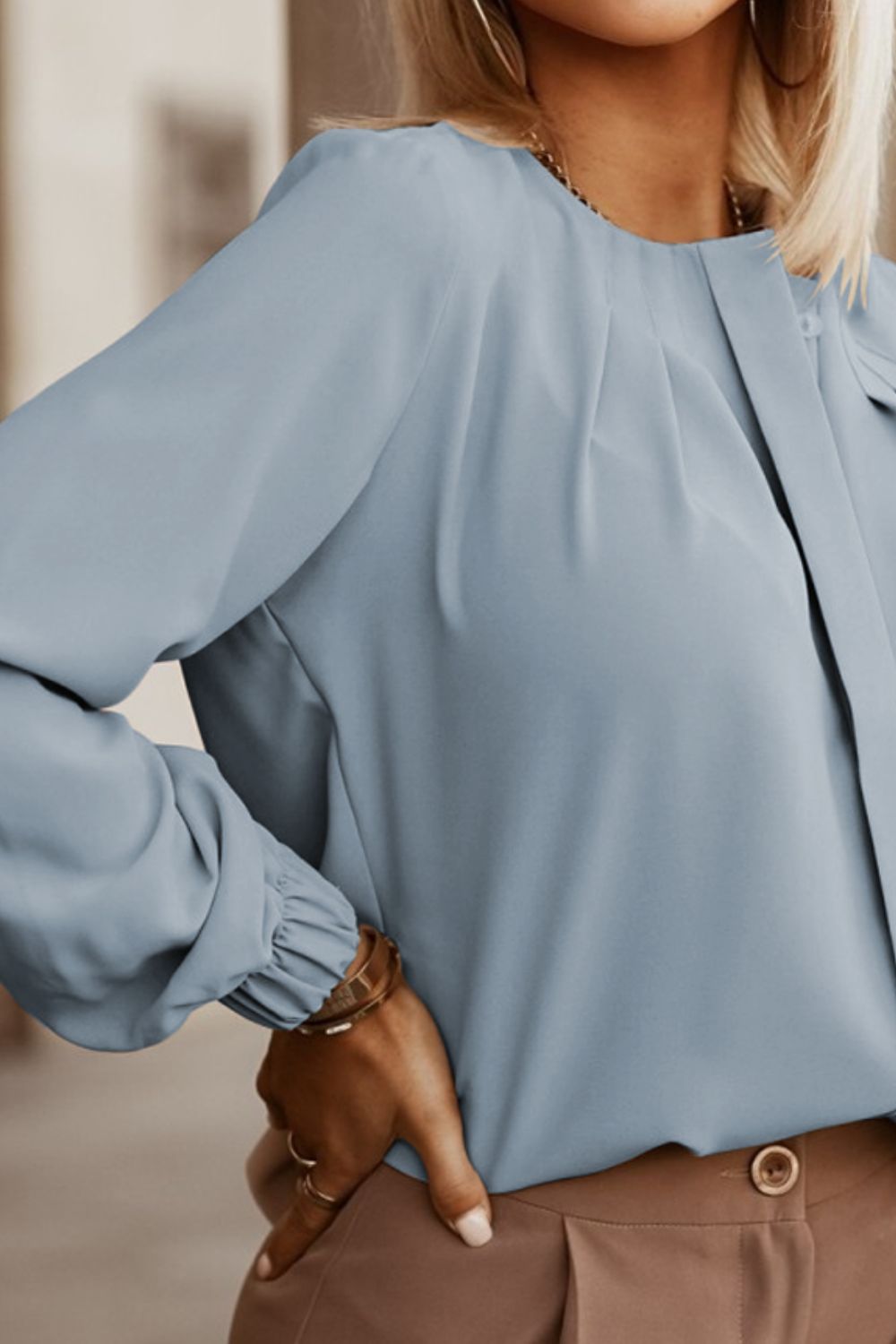 Button Up Round Neck Long Sleeve Blouse