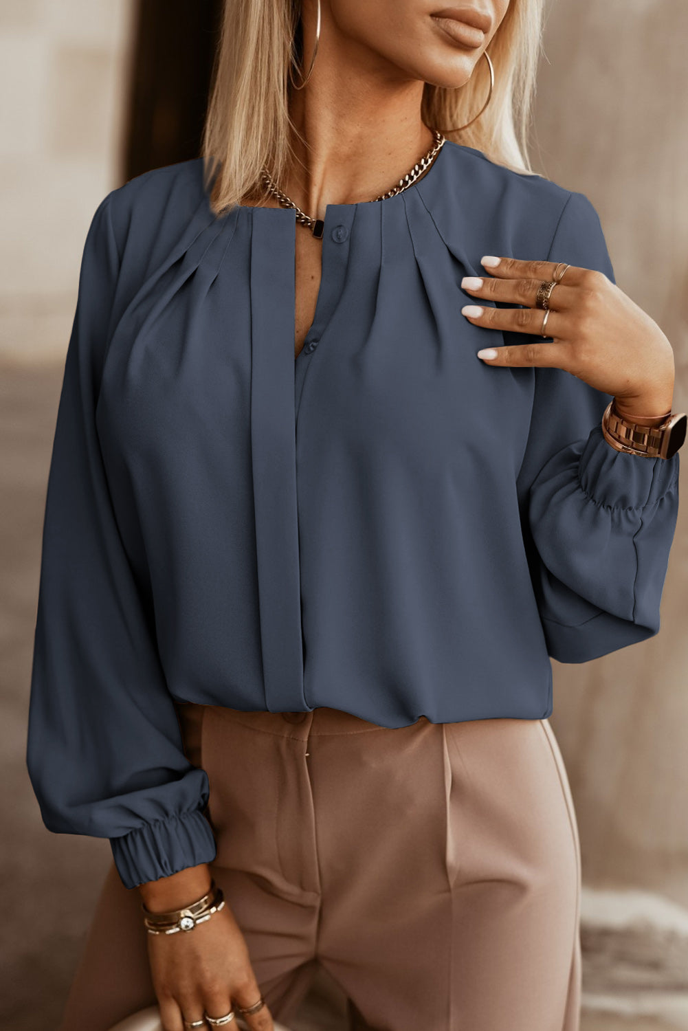 Button Up Round Neck Long Sleeve Blouse