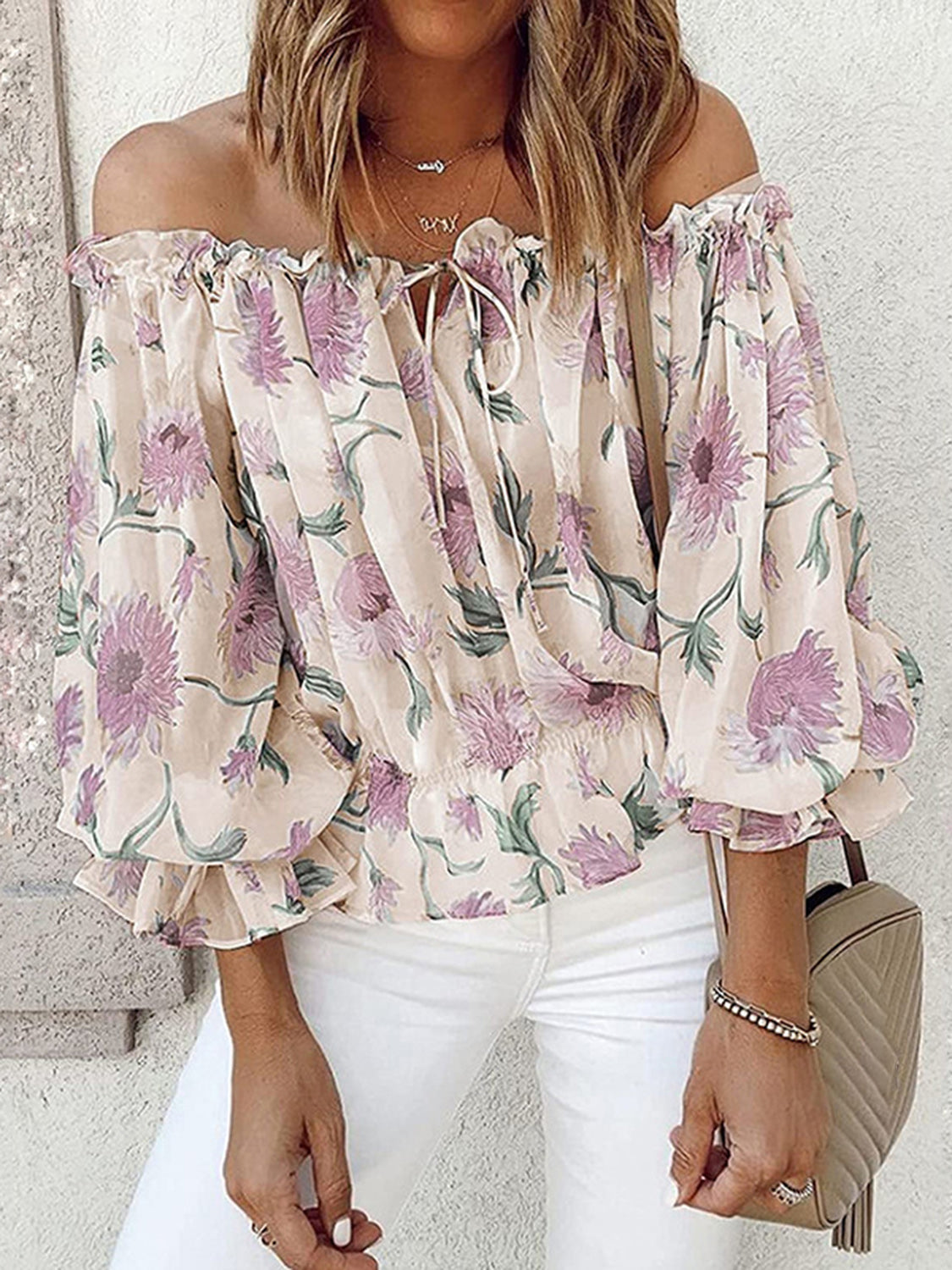 Floral Off-Shoulder Flounce Sleeve Blouse