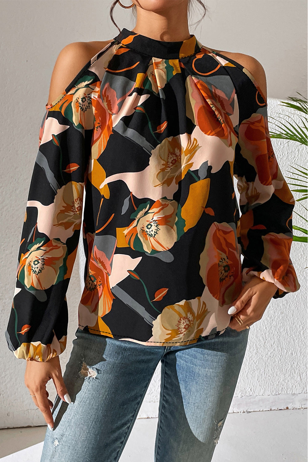 Floral Cold Shoulder Balloon Sleeve Blouse