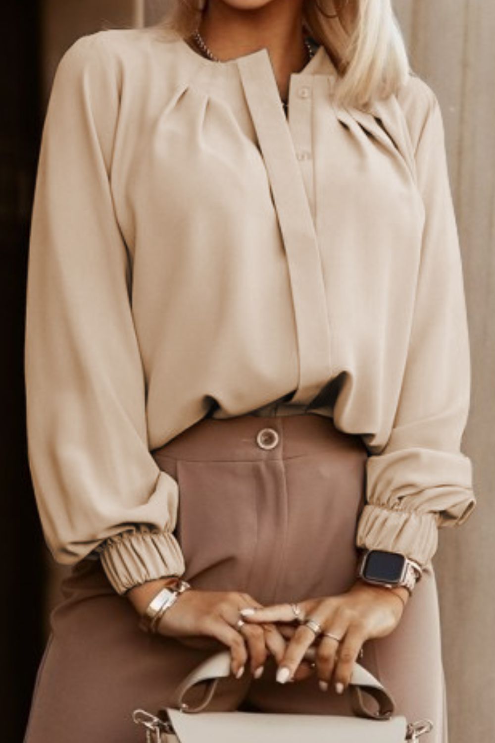 Button Up Round Neck Long Sleeve Blouse