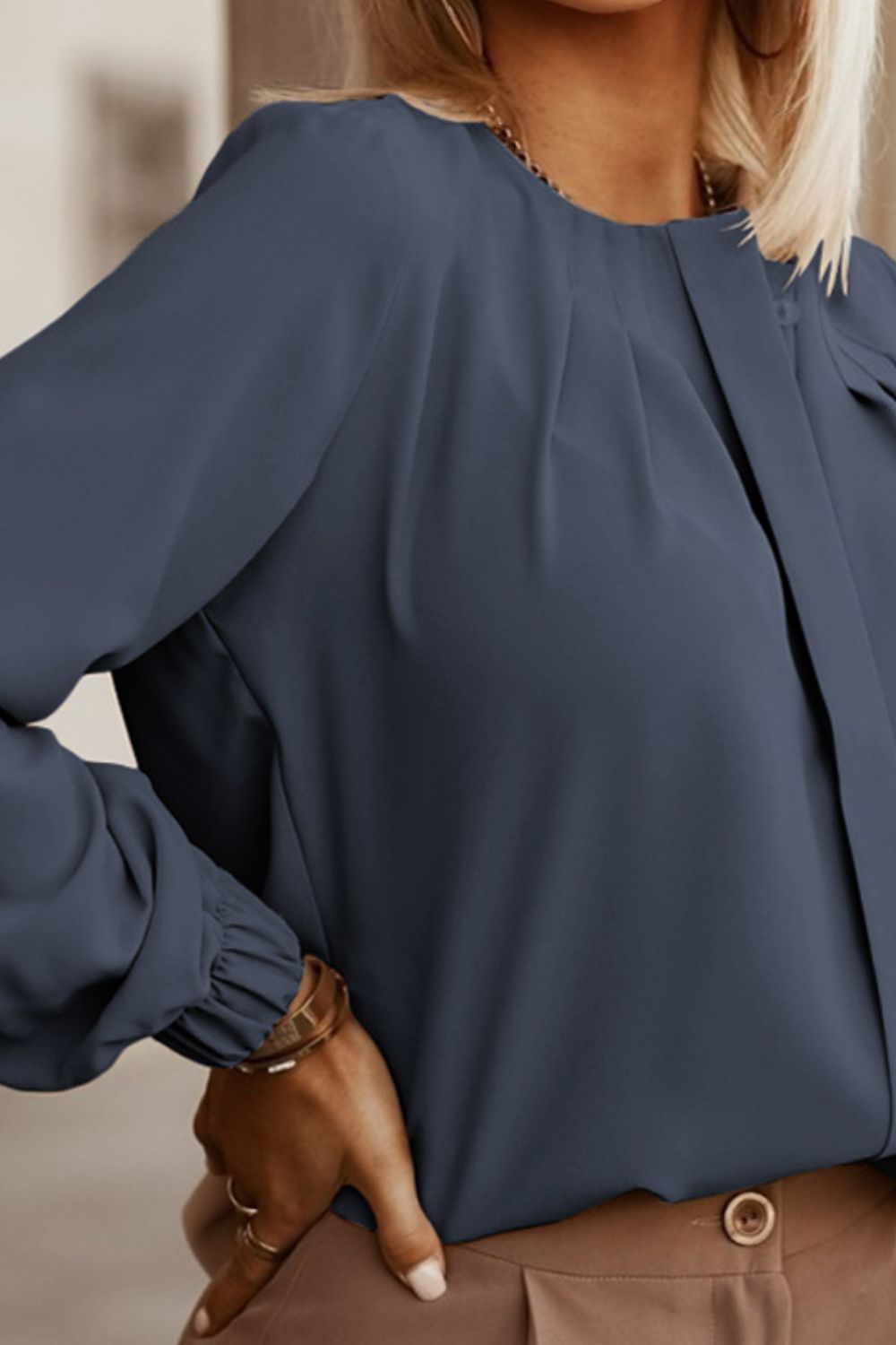 Button Up Round Neck Long Sleeve Blouse