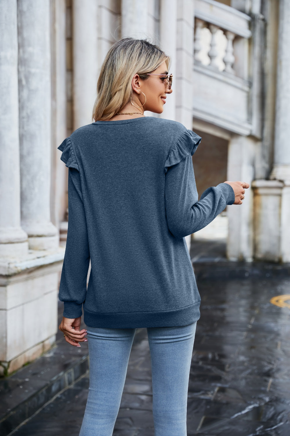 Ruffled Heathered V-Neck Long Sleeve T-Shirt