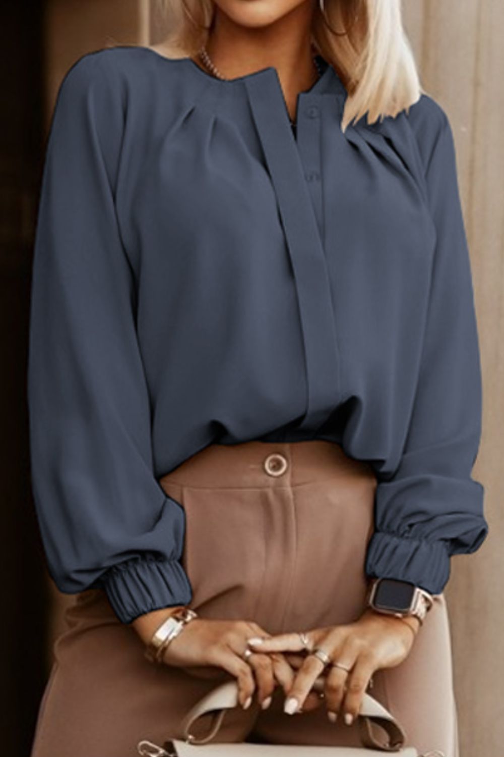 Button Up Round Neck Long Sleeve Blouse