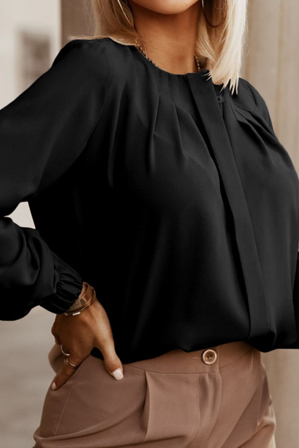 Button Up Round Neck Long Sleeve Blouse