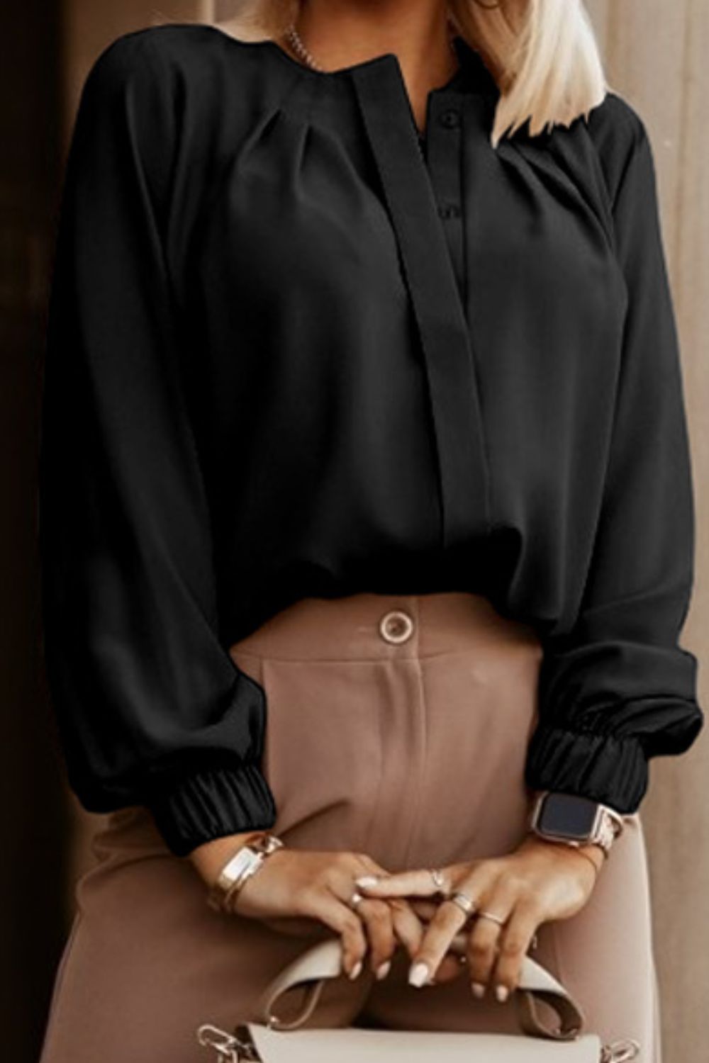 Button Up Round Neck Long Sleeve Blouse