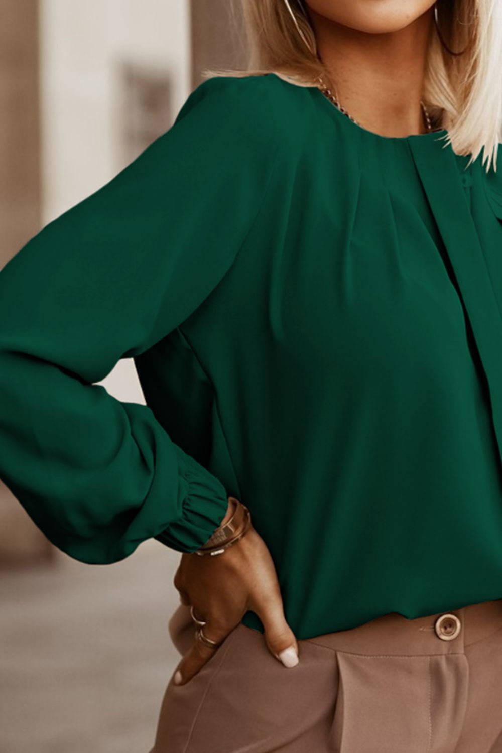 Button Up Round Neck Long Sleeve Blouse