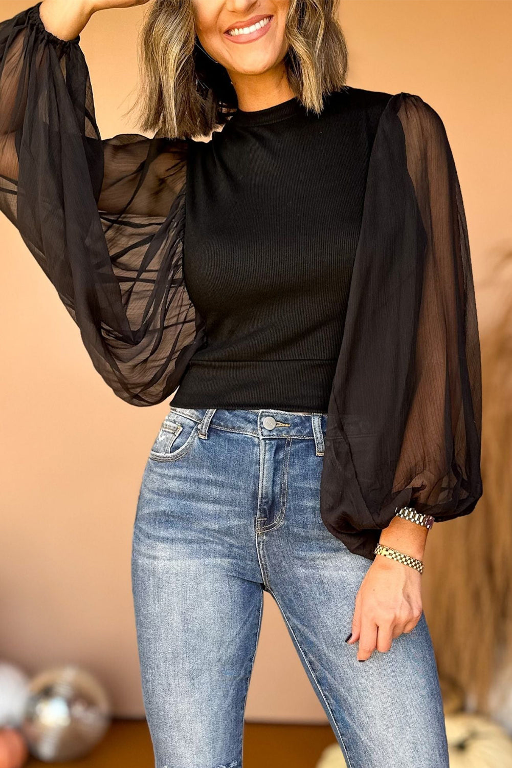 Mock Neck Balloon Sleeve Blouse